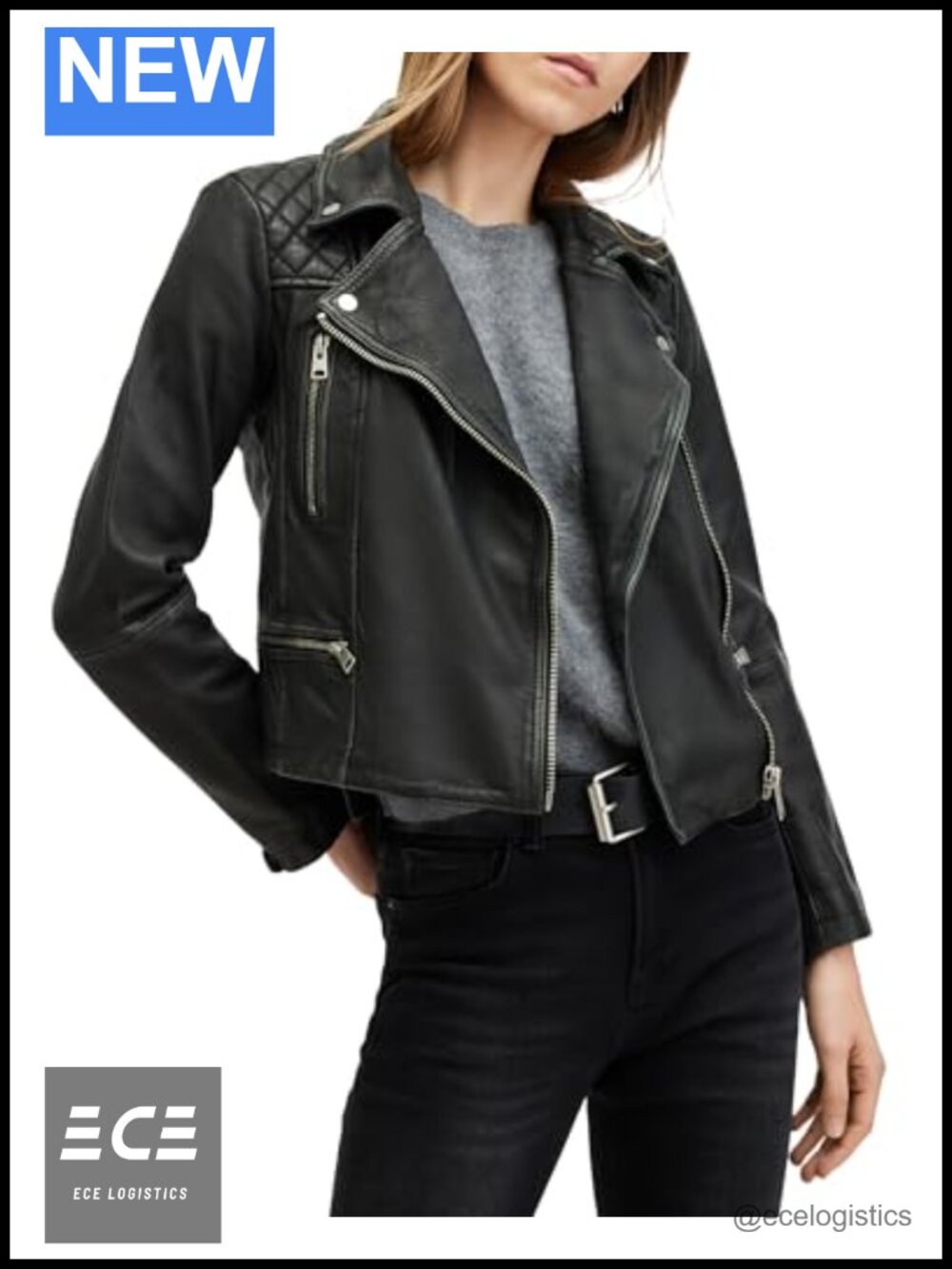 Leather Moto Biker Jacket Long Sleeve Regular Fit Collar Zip Quilted